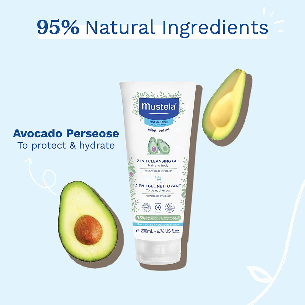 Detailed view of Mustela Hair and Body Wash highlighting 95% natural ingredients and avocado perseose.
