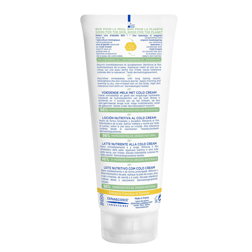 Mustela Nourishing Lotion with Cold Cream 200ml - Back View with Ingredients