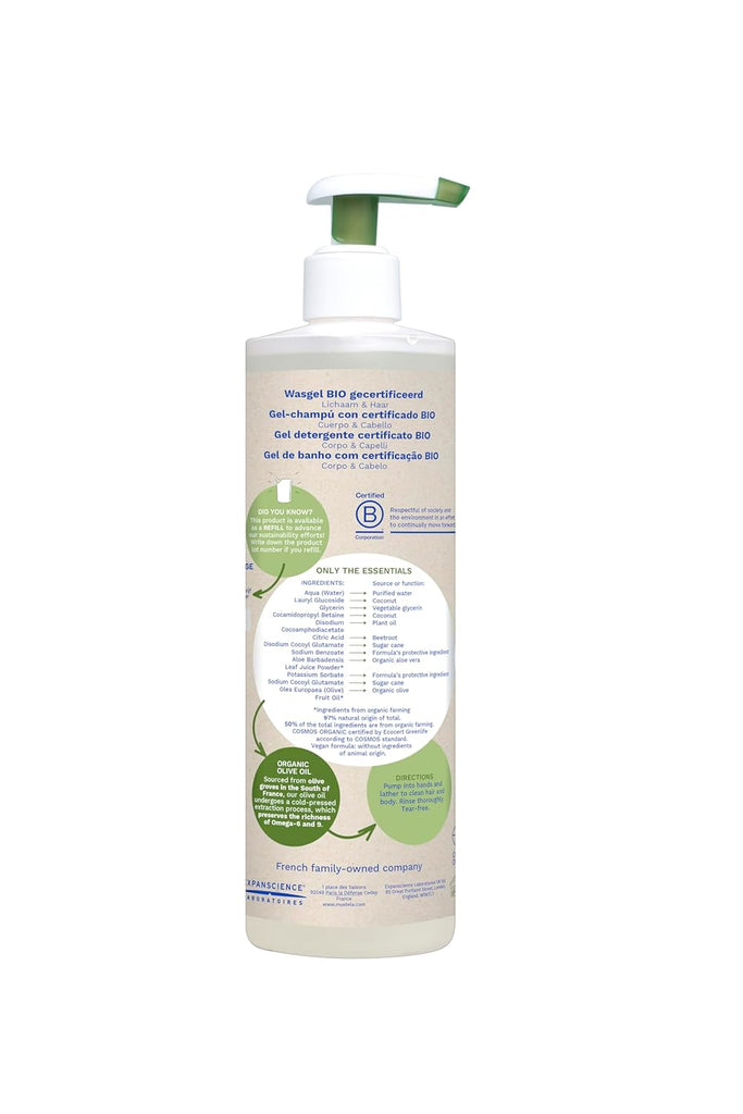 Back label of Mustela Organic Cleansing Gel detailing ingredients and brand philosophy