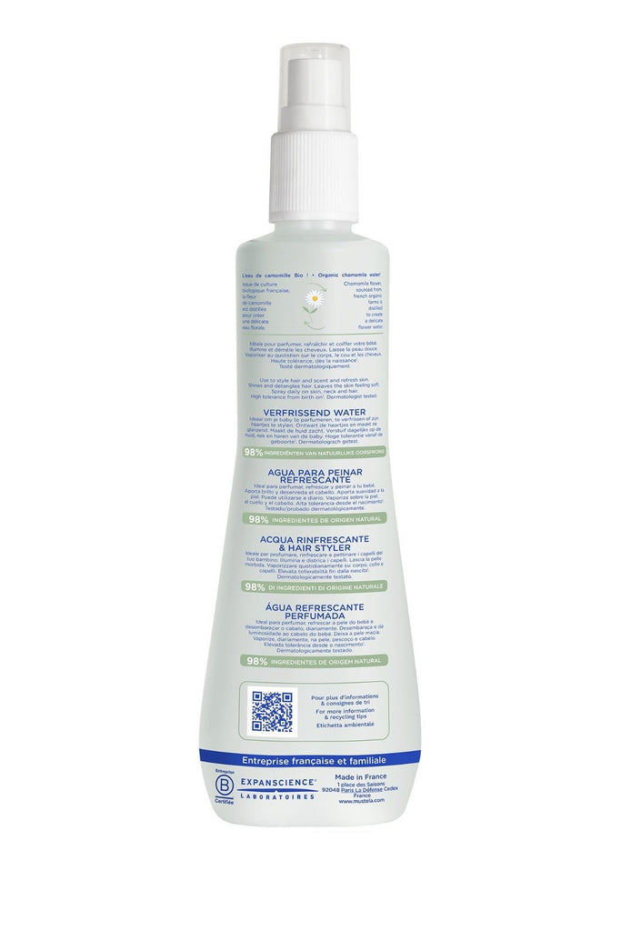 Back label of Mustela Hair Styler and Skin Freshener detailing ingredients and usage instructions