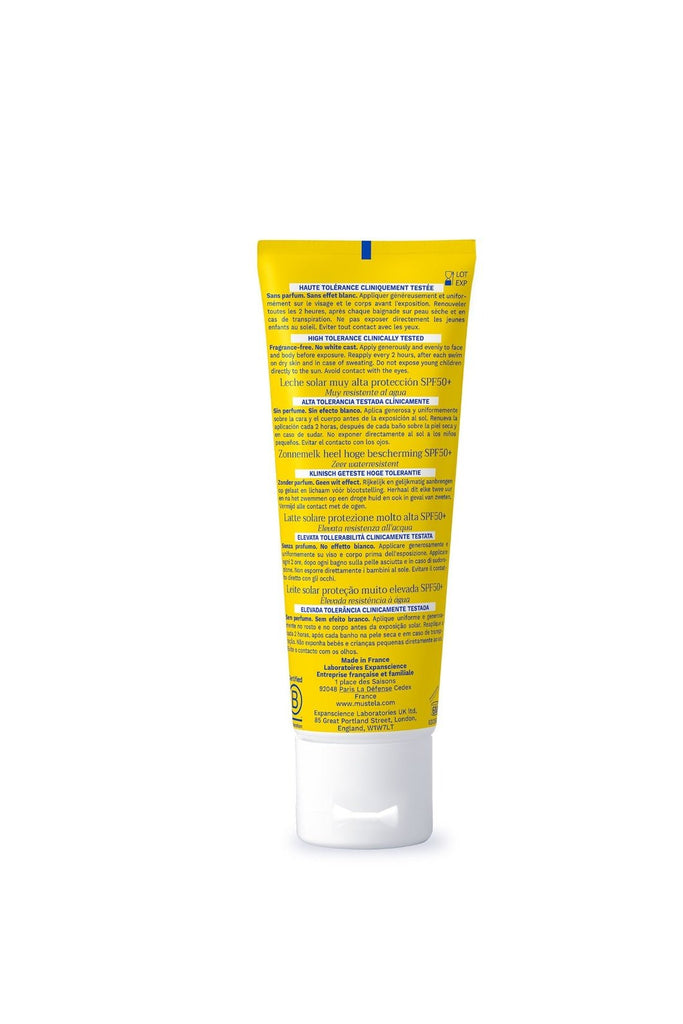 Back Label of Mustela SPF 50+ Sun Lotion Highlighting Usage Directions and Ingredients