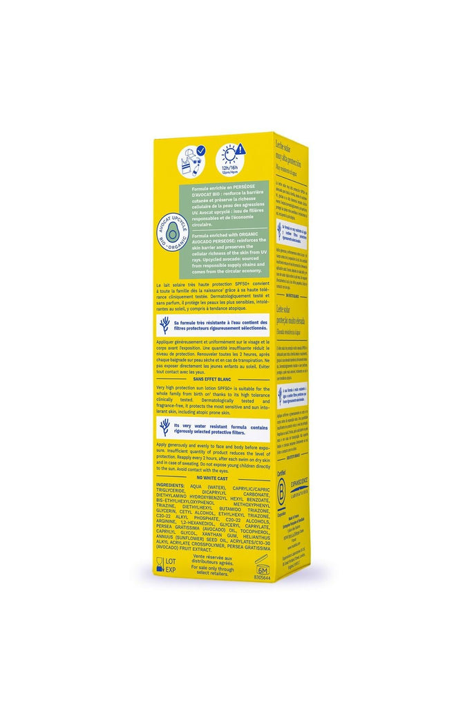 Back of Mustela SPF 50+ Sun Lotion Box with Extensive Product Details