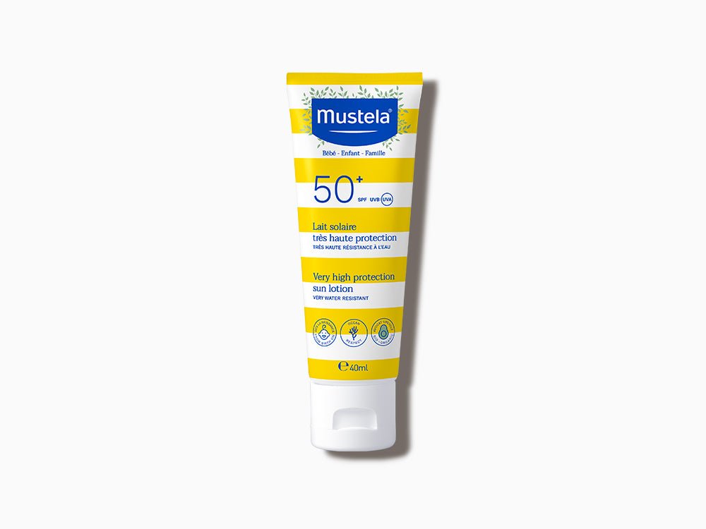Mustela SPF 50+ Sun Lotion Bottle Front View with Bright Sun Graphics