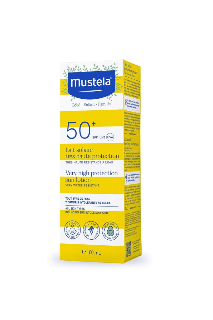 Packaging of Mustela Very High Protection SPF50+ Sun Lotion, showcasing the product features