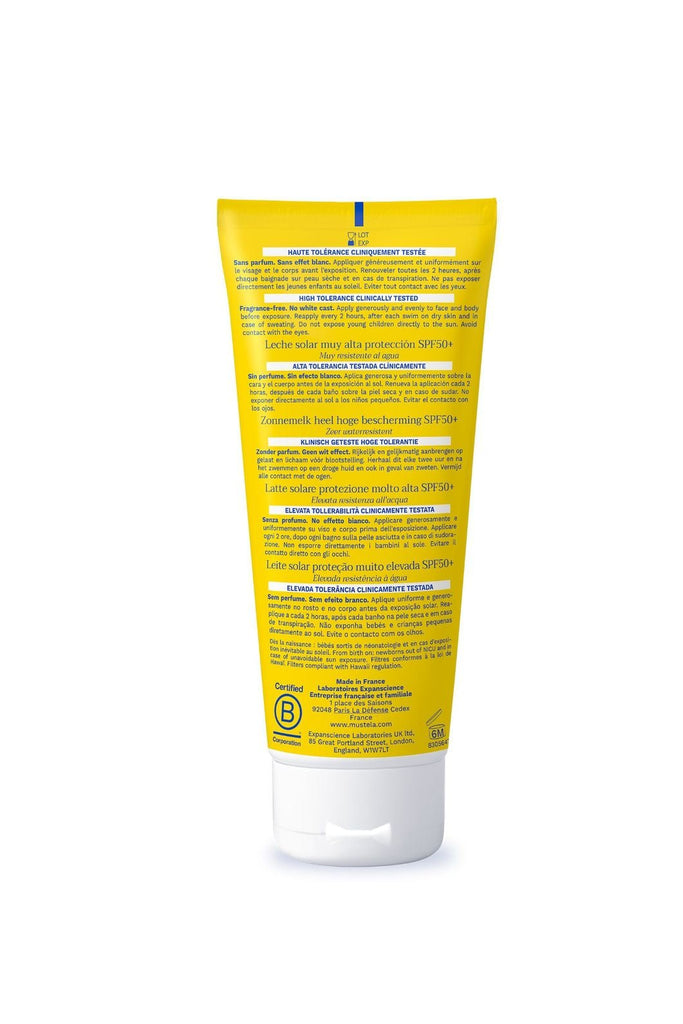 Back view of Mustela Very High Protection Sun Lotion SPF50+ with detailed product information