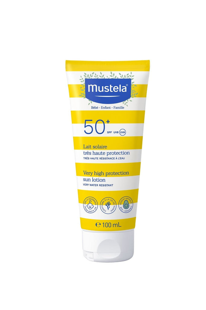 Front view of Mustela SPF50+ Sun Lotion, highlighting its protective qualities