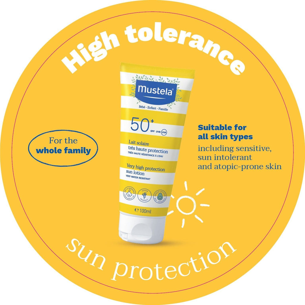 Mustela SPF50+ Sun Lotion emphasizing high tolerance and suitability for the whole family