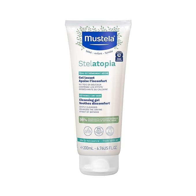 Front view of Mustela Stelatopia Cleansing Gel with natural Avocado and Sunflower oil for baby skincare
