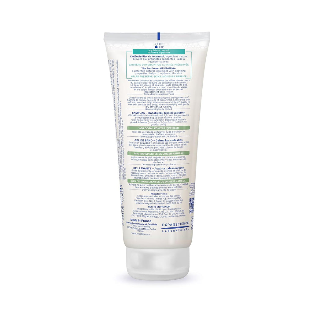 Back view of Mustela Stelatopia Cleansing Gel tube showing product information and ingredients