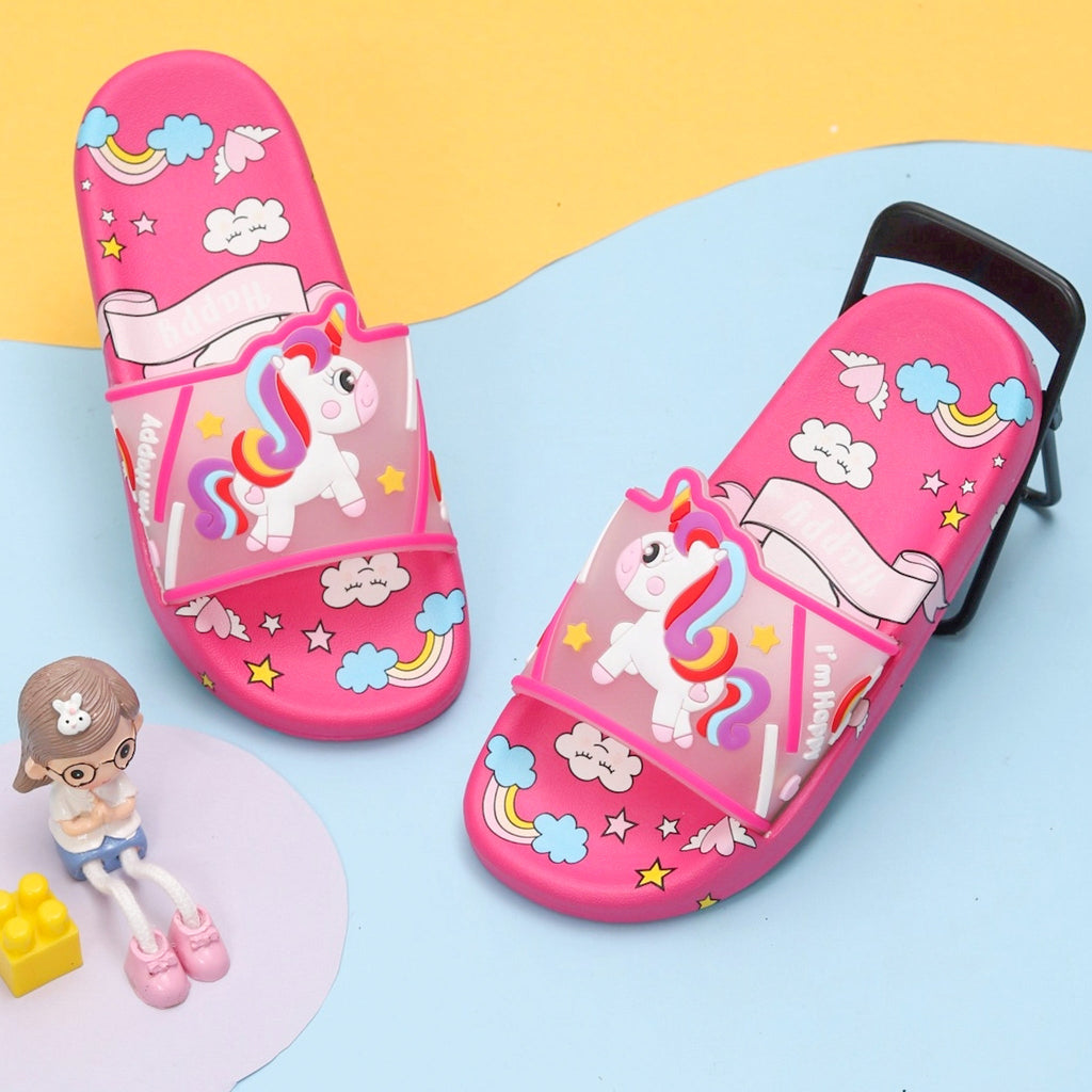 Dark pink slides with unicorn print and secure strap for playful children