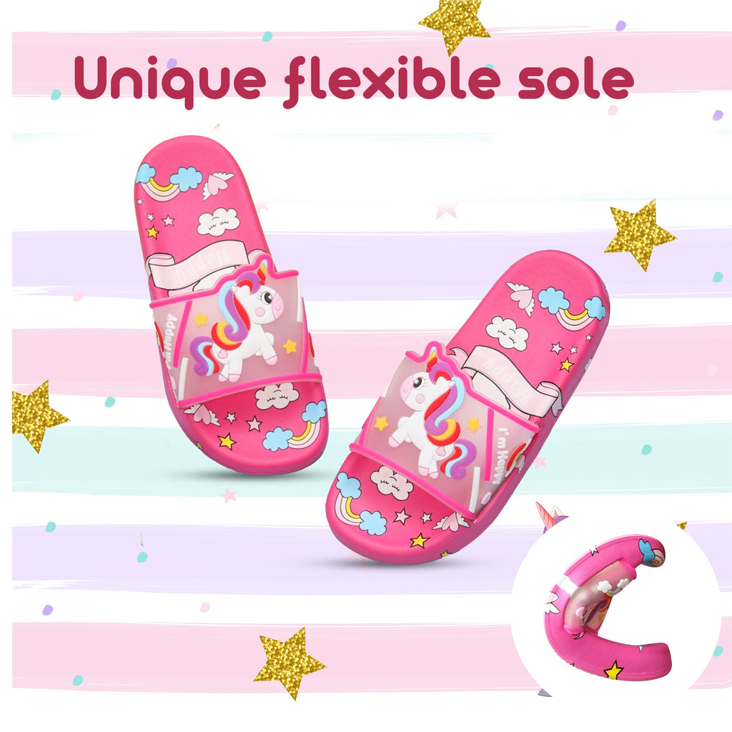 Illustration of a unicorn on flexible dark pink slides with a child-friendly design