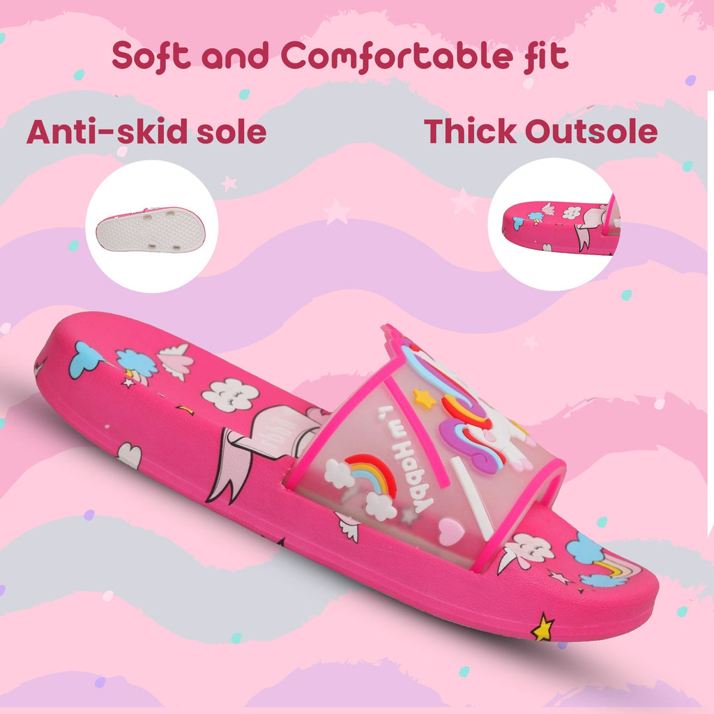 Comfortable and secure dark pink slides with anti-skid sole and unicorn magic