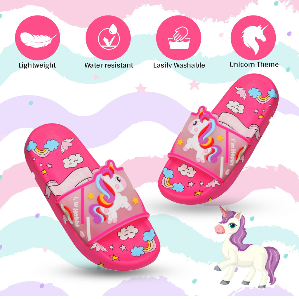 infographic Charming dark pink unicorn-themed slides highlighting lightweight comfort for kids