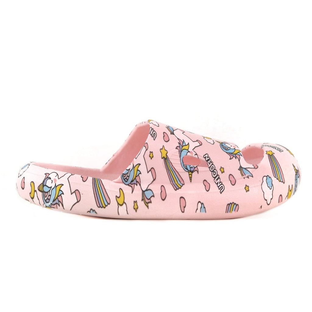 Side view of pink slides featuring a joyful unicorn print, perfect for adding a touch of magic.