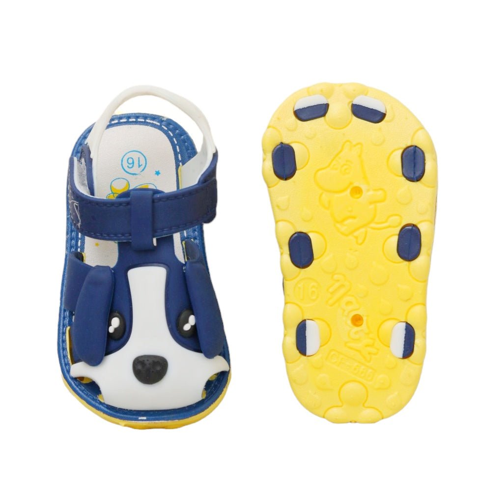 Overhead and sole view of blue puppy applique sandal, showcasing design and tread