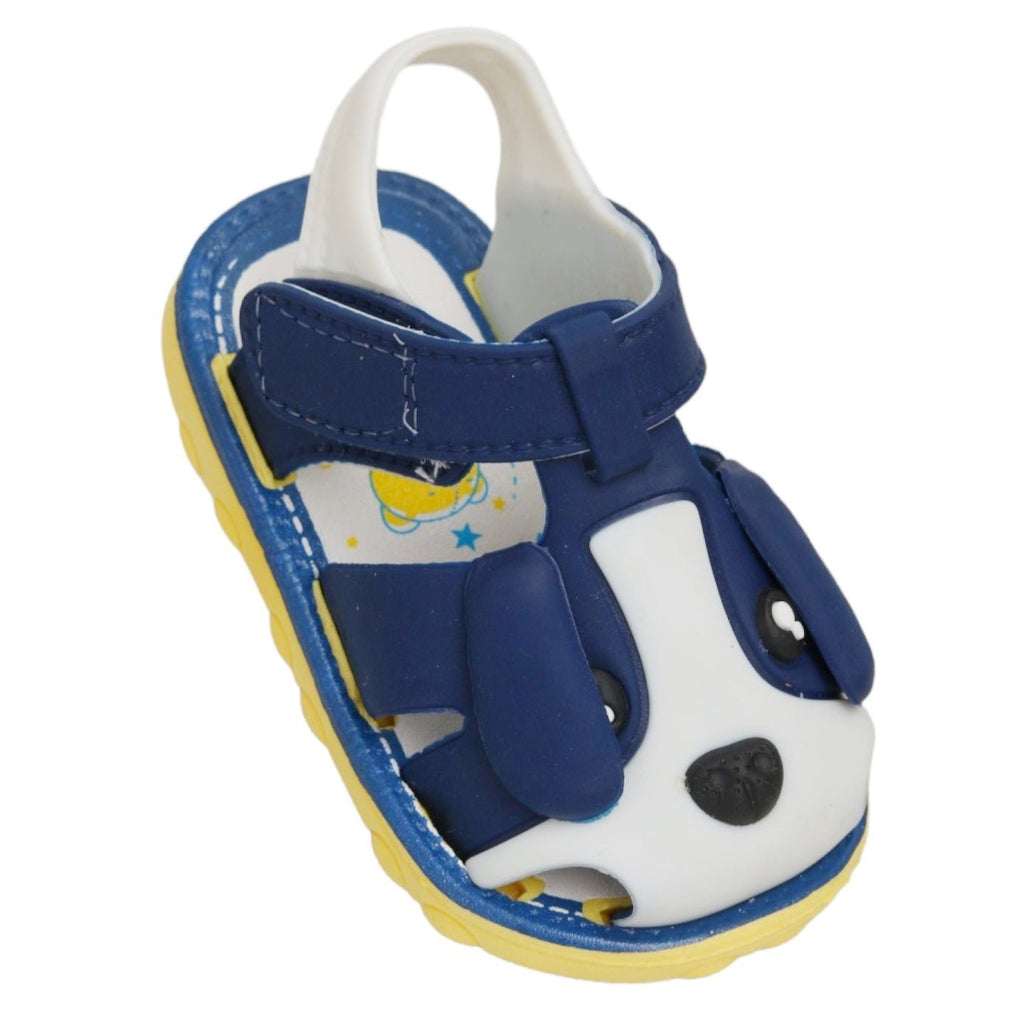 Single blue puppy applique sandal for kids with yellow and white detailing.