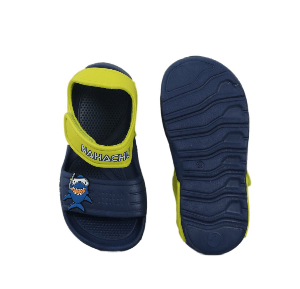 Back view of navy shark sandals for children, emphasizing the non-slip sole pattern and secure heel strap.