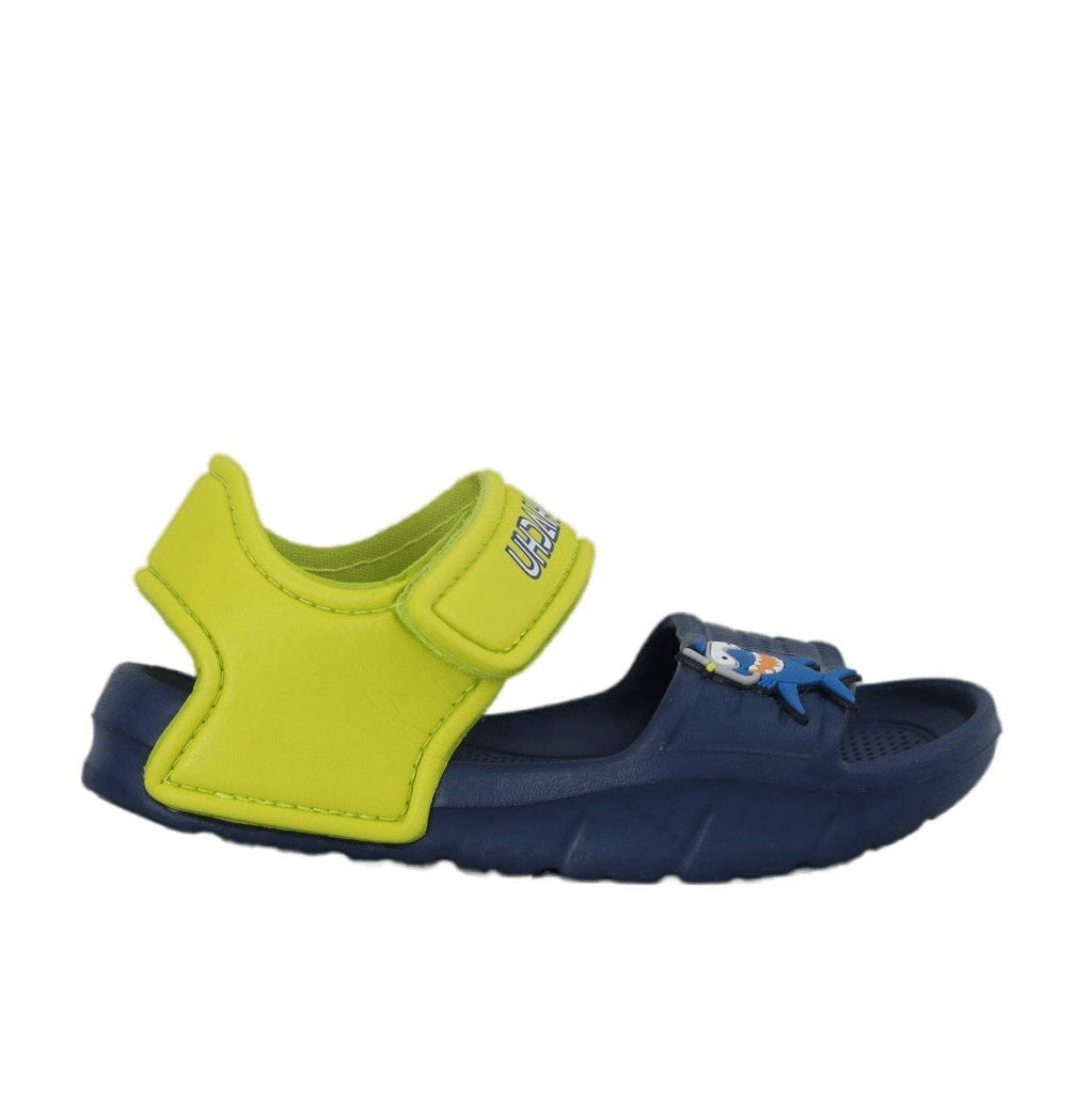 Side profile of navy shark-themed kids' sandal, emphasizing the comfort and playful elements.