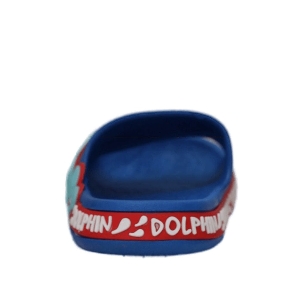 Rear view of the blue dolphin slide showing the rounded heel and colorful edge design.