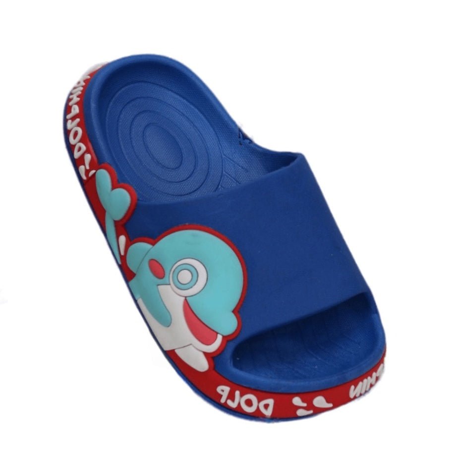 Top view of a vibrant blue kids' slide featuring a cute embossed dolphin and heart design