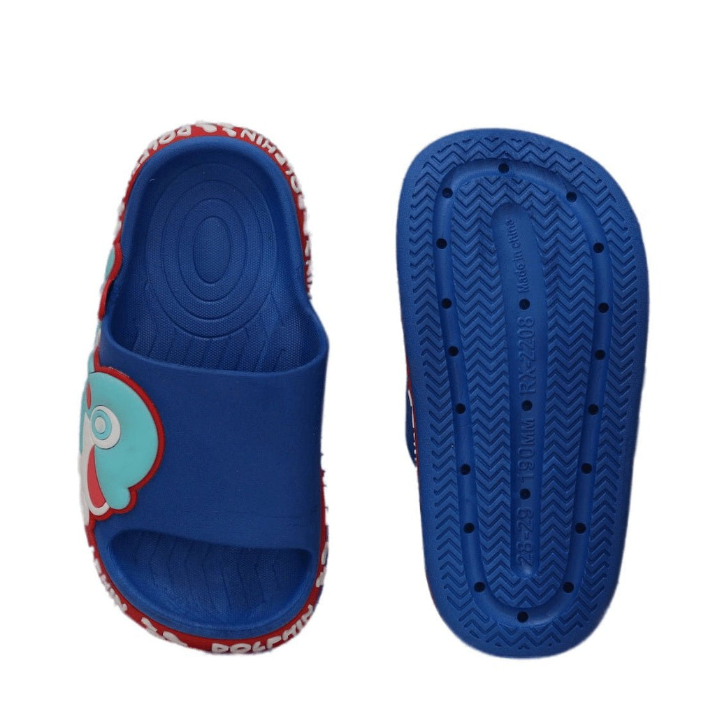 Bottom view of kid's dolphin slide with slip-resistant pattern for safe outdoor play.