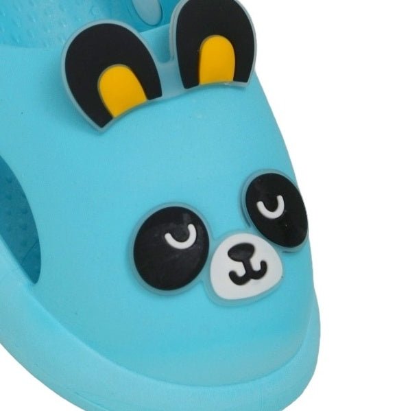 "Close-up of the Cute Panda Face on the Blue Kids' Clogs