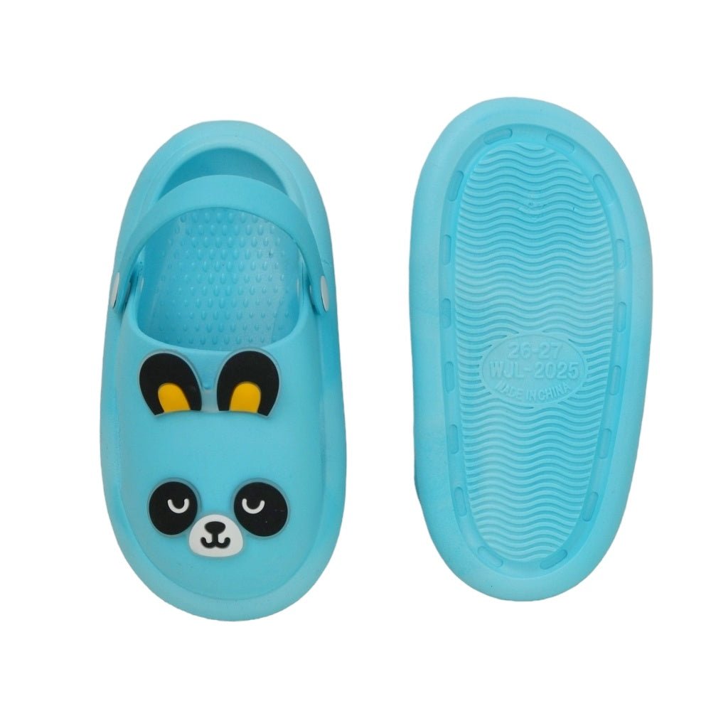 Bottom View of Blue Panda Kids' Clogs Showcasing Anti-Slip Tread Design
