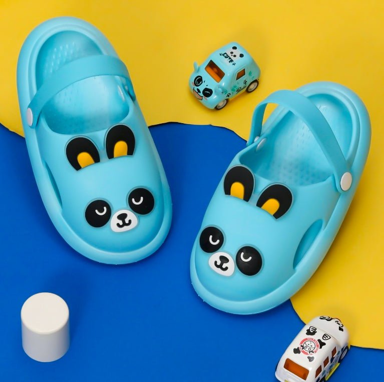 Blue Panda Pals Kids' Clogs with Toy Cars on Bright Yellow and Blue Background