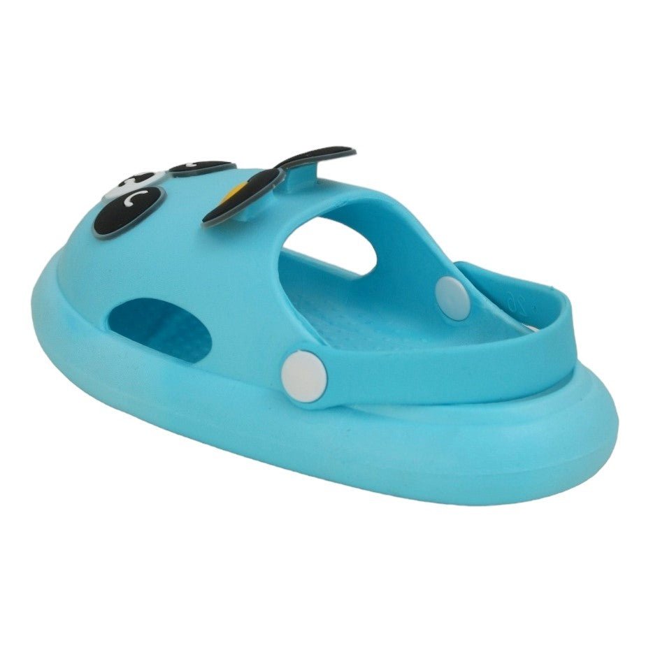 Side View of Panda Pals Kids' Clogs in Blue with Secure Heel Strap