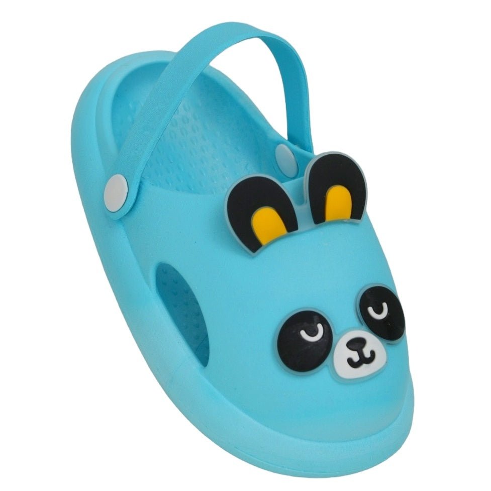 Top View of Blue Panda Kids' Clogs with Charming Face and Ears Detail