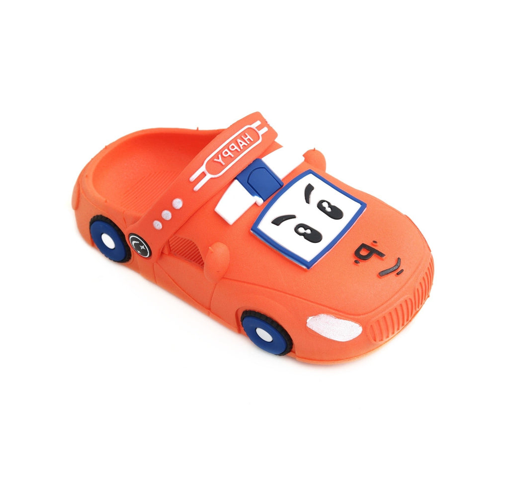 Side view showcasing the vibrant orange color and car design of the clogs.
