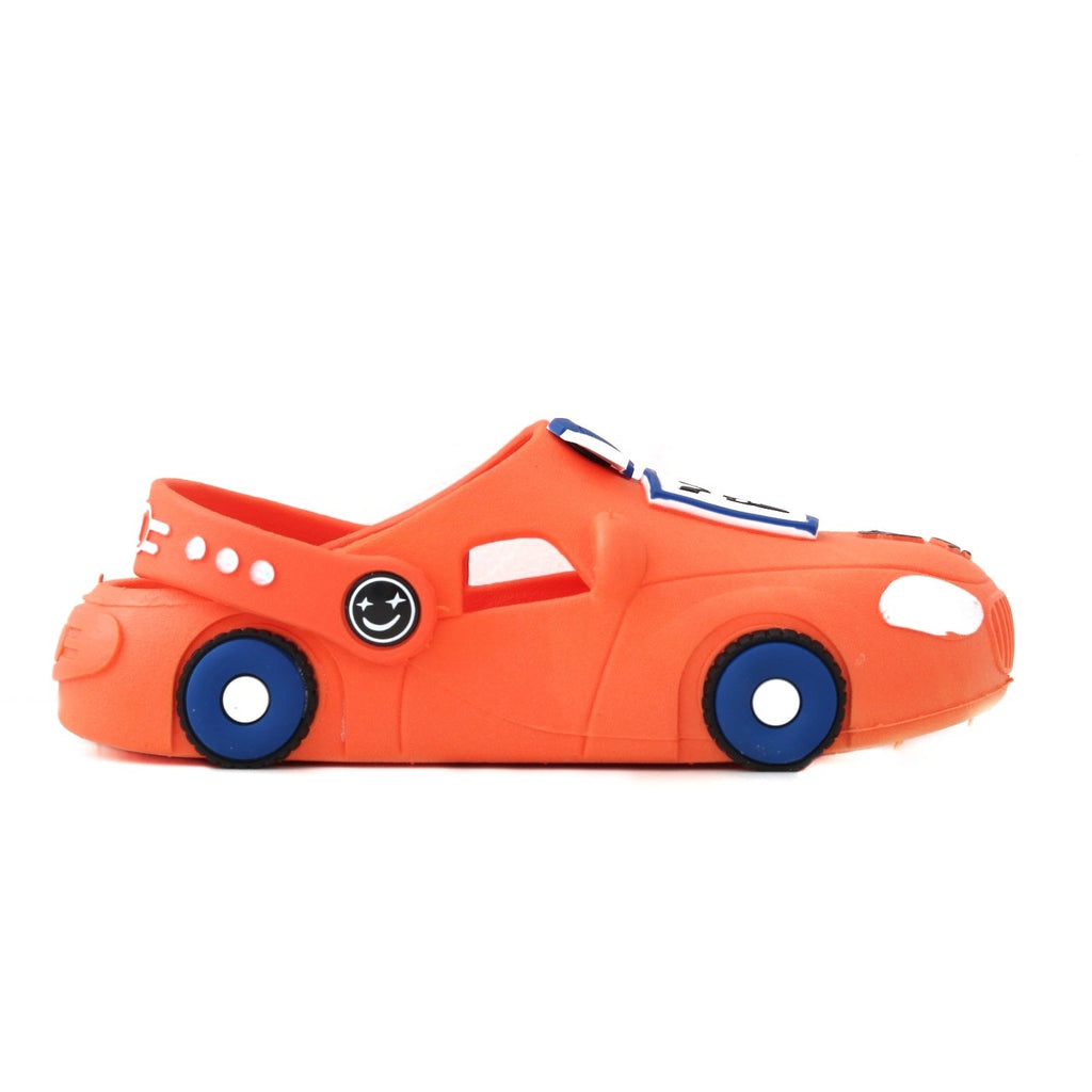 Overhead view of the orange car pattern clogs, emphasizing the smiley car face.