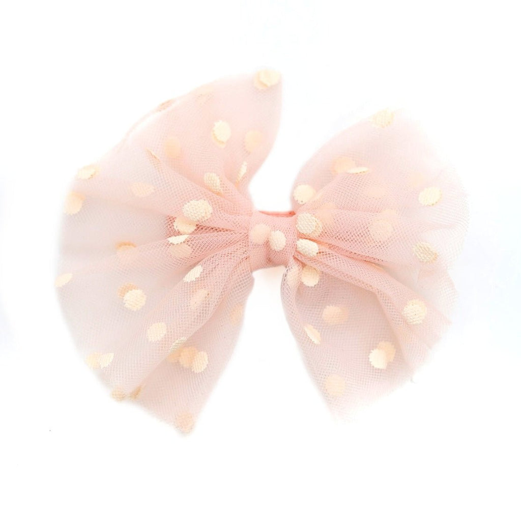 Pink glitter bow hair clip with heart detail by Yellow Bee