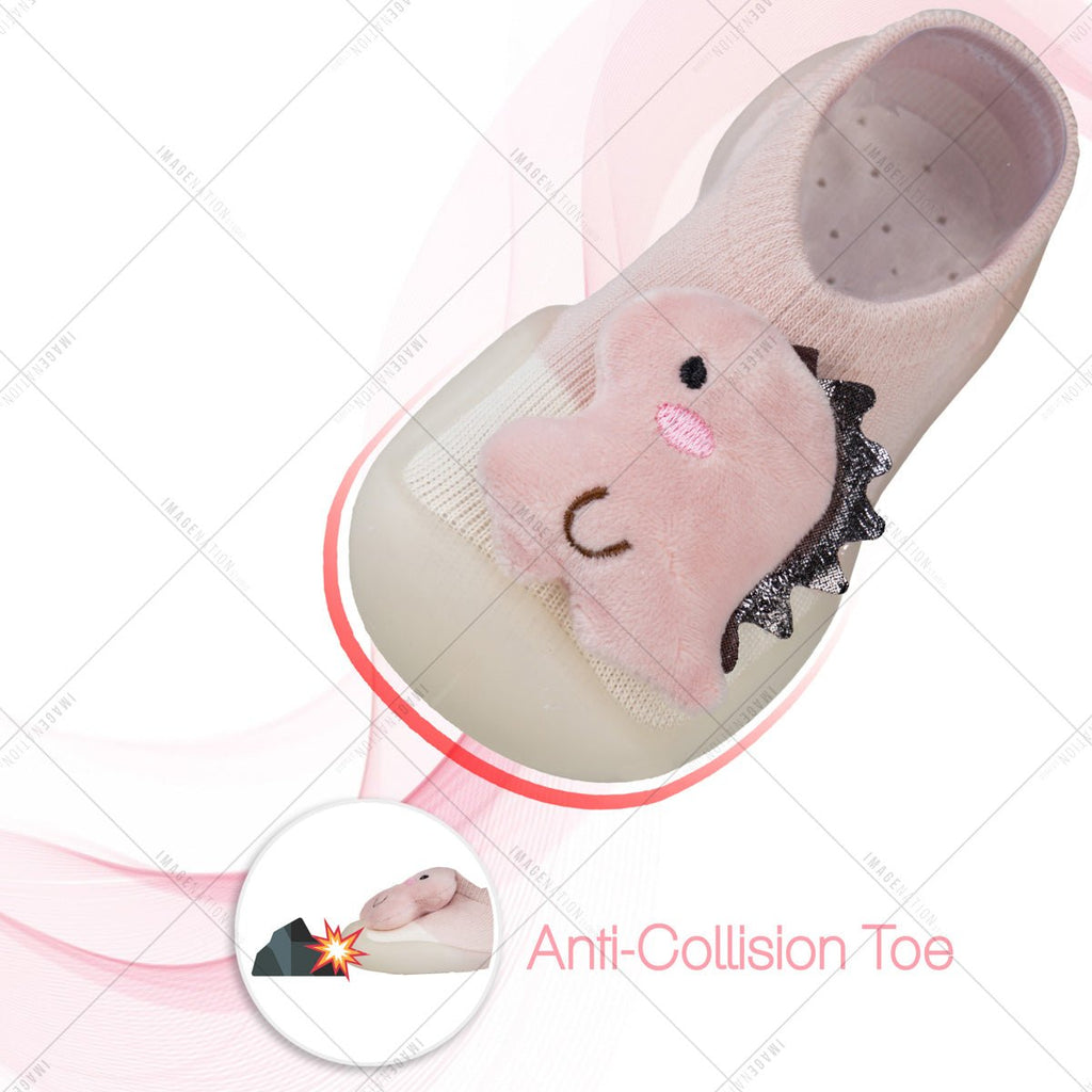 Toddler's pale pink Dino Stuffed Toy Shoe Socks with Anti Collision feature