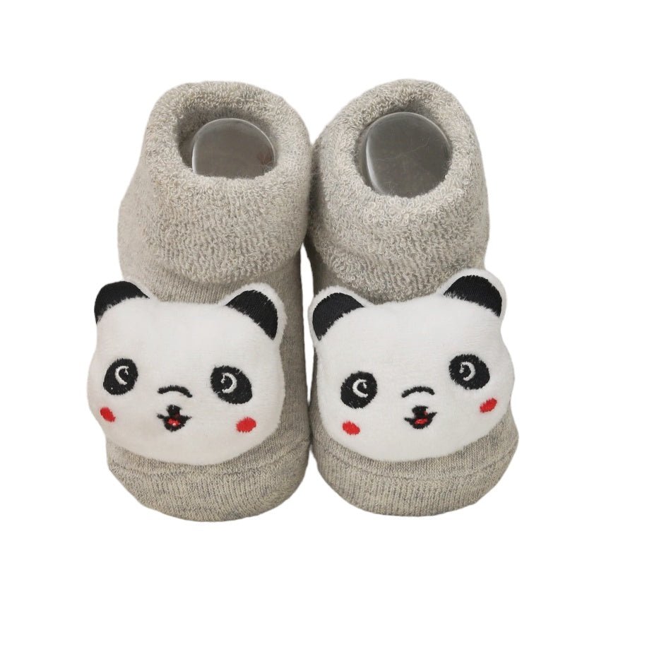 Child's panda-themed stuffed toy socks pair in grey and white