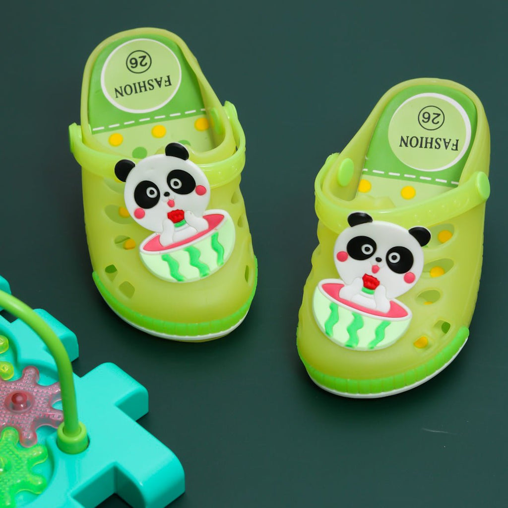 Neon Green Children's Clogs with LED Lights and Panda Desig
