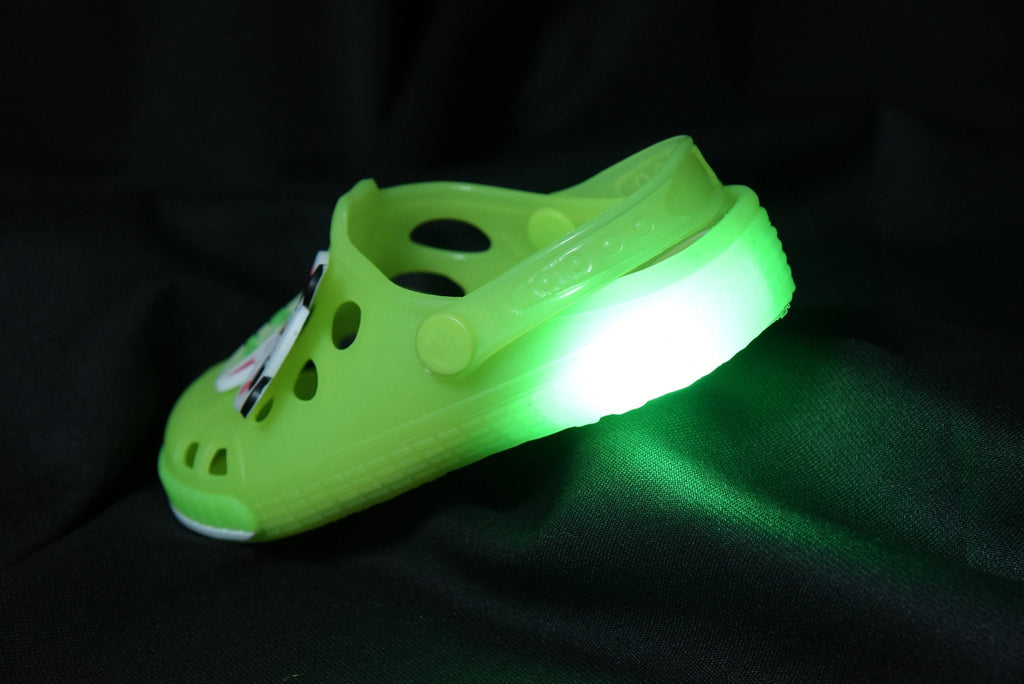 Neon Green Children's Clogs with LED Lights and Panda Desig-led1