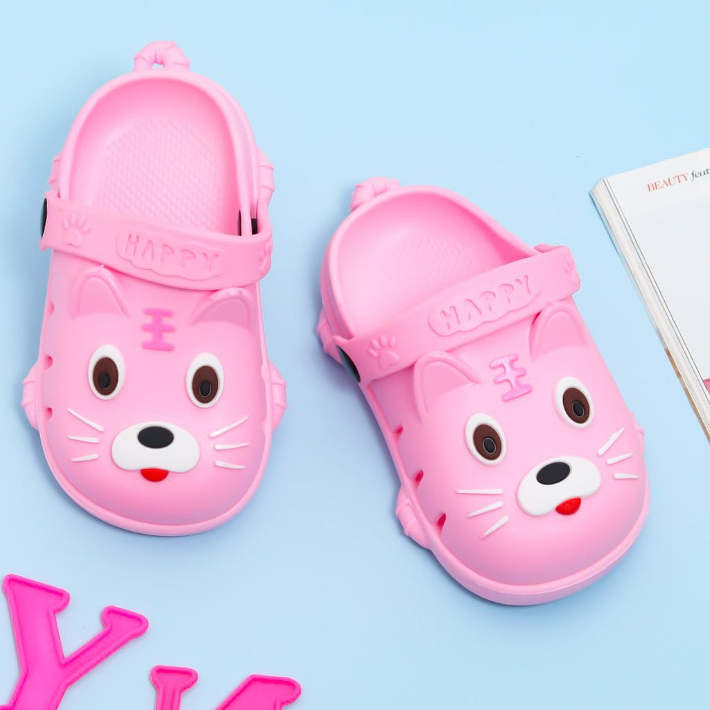 Kids' Pink Puppy Clogs with a Happy Face and 'HAPPY' Text on the Strap