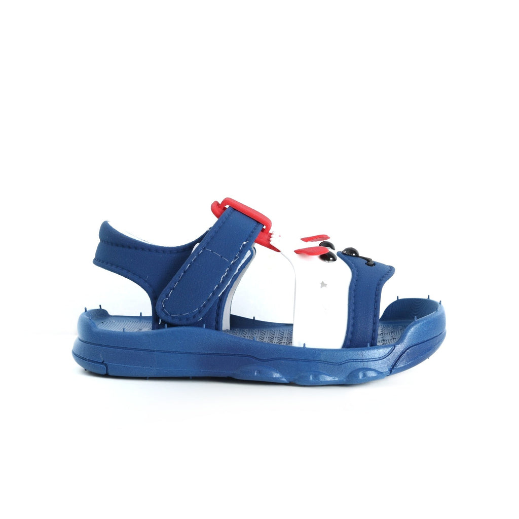Full side view of Blue Puppy Sandal highlighting the comfortable straps and cute design.