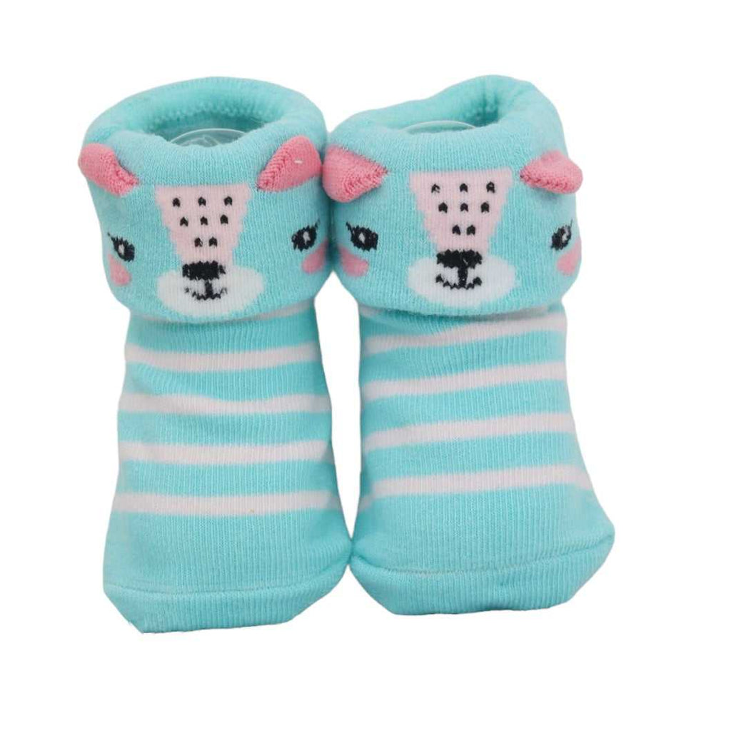 Aqua blue baby girl socks with white stripes and kitten face, with ears on the cuff, isolated on white.