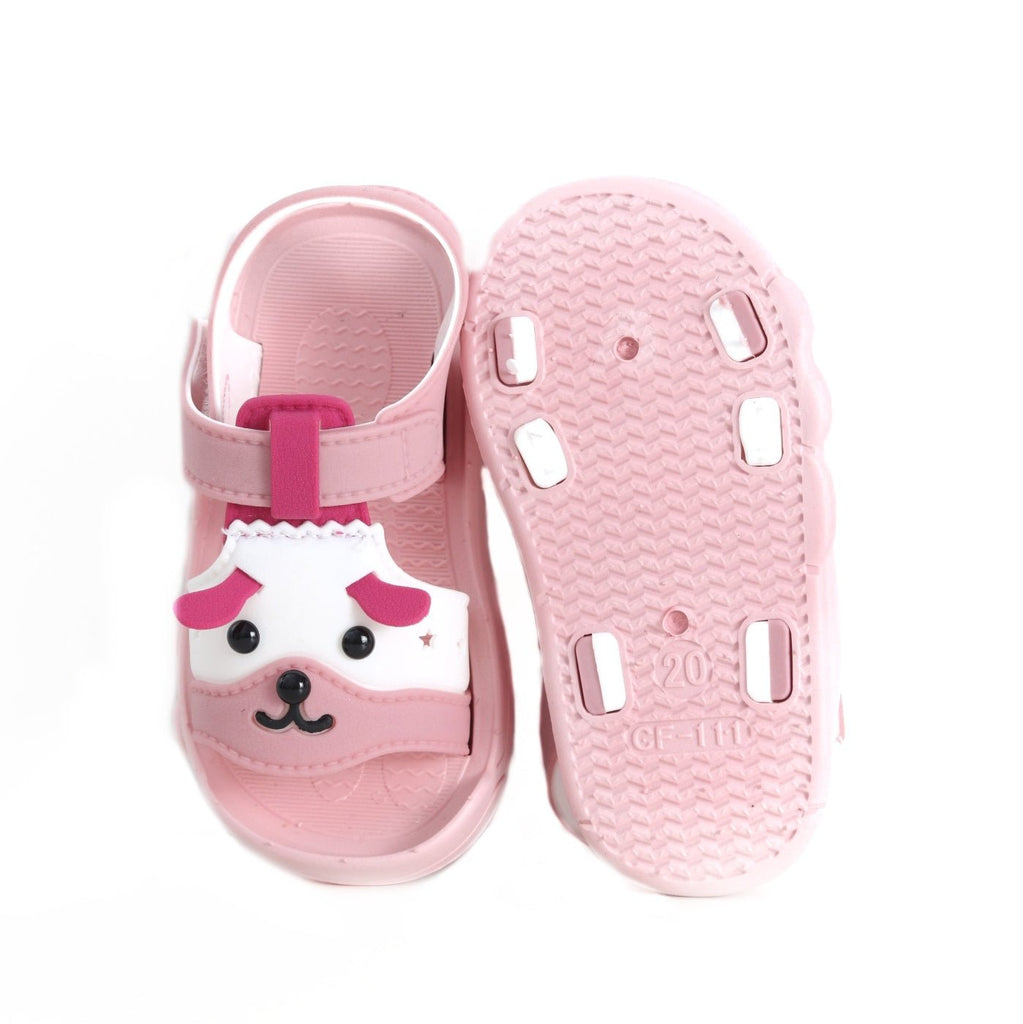 Back view of pink sandals with puppy face, showcasing the anti-slip sole design