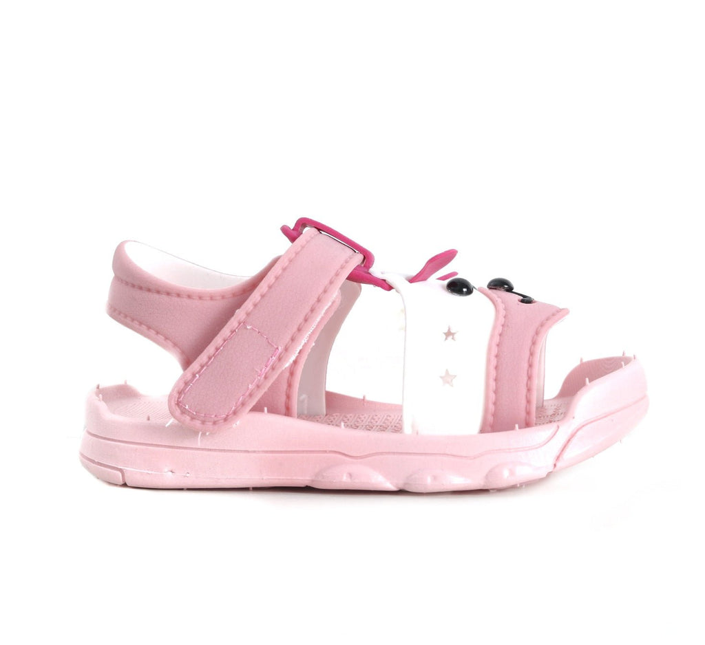 Pink toddler sandals with puppy motif and adjustable straps for a comfortable fit.