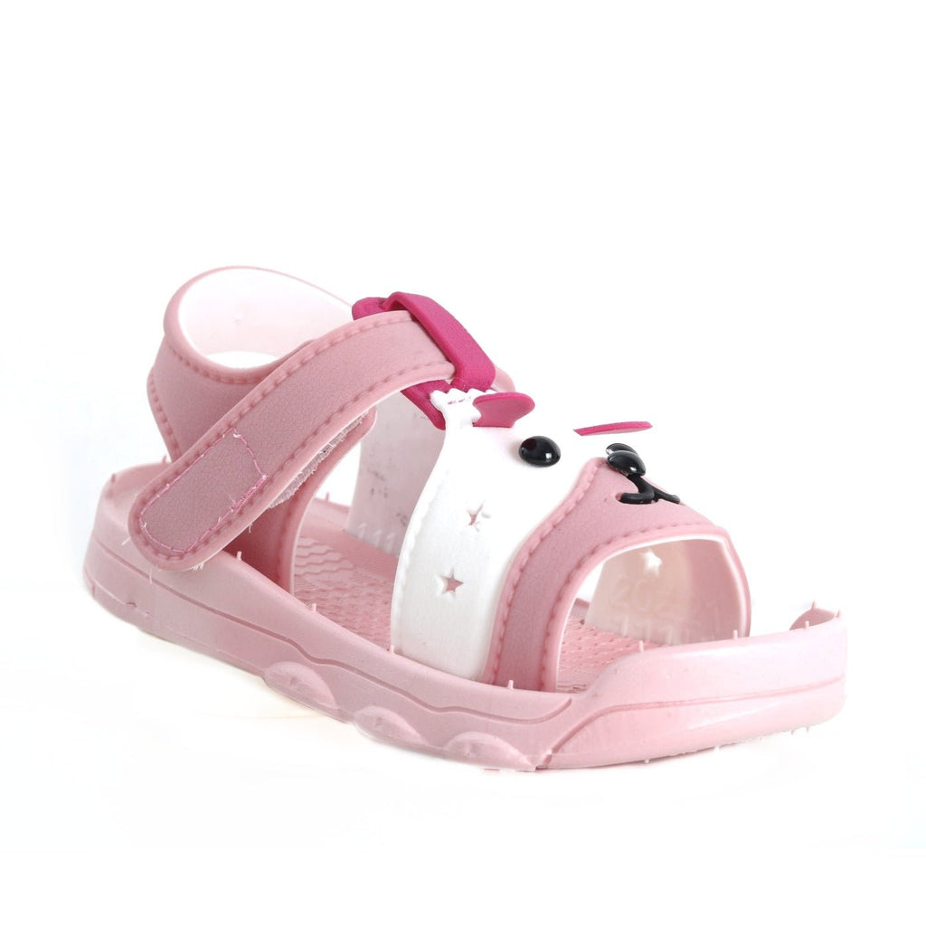 Side view of cute pink puppy sandals featuring a detailed puppy face and secure straps.
