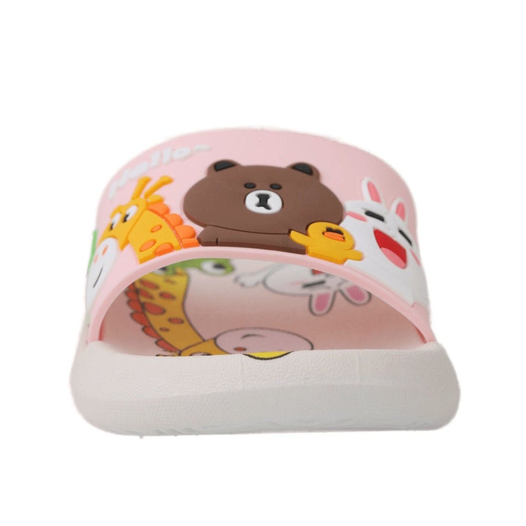 Frontal View of Kids' Peach Slides Featuring Charming Animal Faces