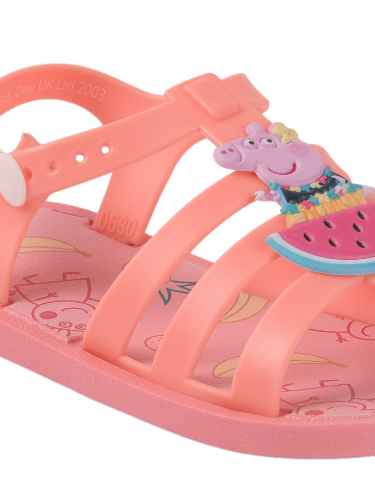 Close-up of the Peppa Pig by Yellow Bee watermelon sandals' secure fastening and fun summer graphics