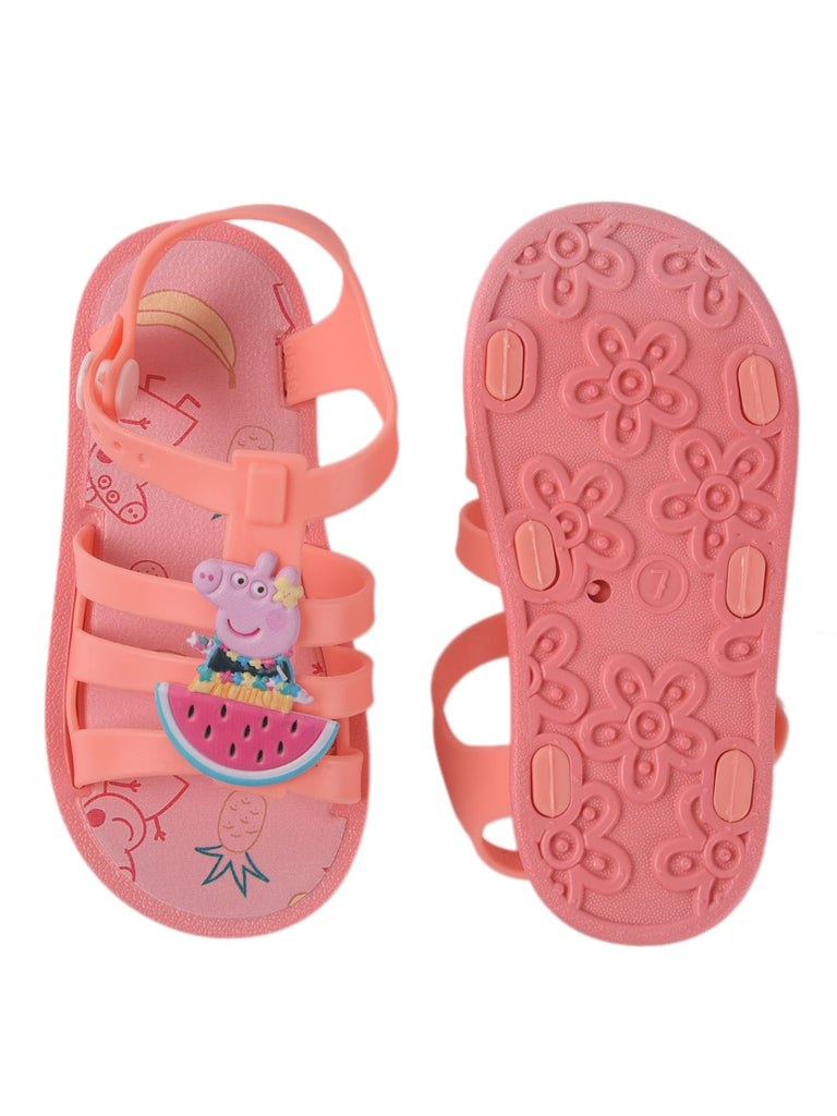 Bottom view of Peppa Pig by Yellow Bee watermelon sandals showcasing the non-slip sole pattern