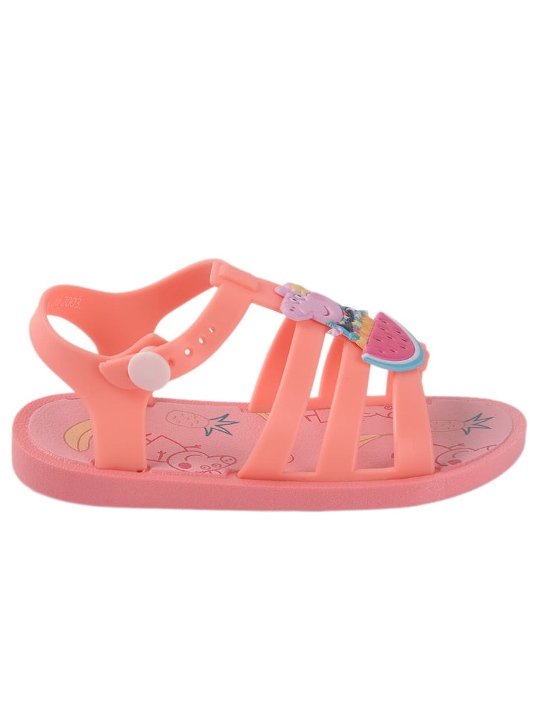 Side view of Peppa Pig by Yellow Bee watermelon sandals with adjustable strap for a perfect fit