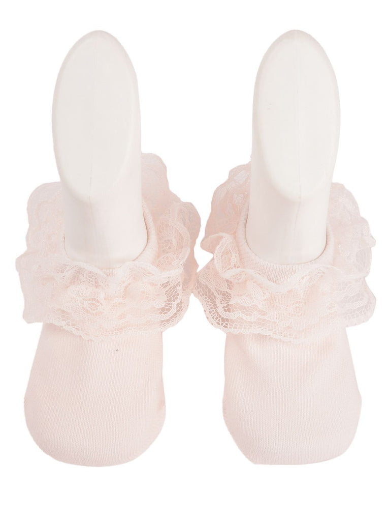 Back View of Pink Lace Frill Socks with Lace Detail on Mannequin Feet
