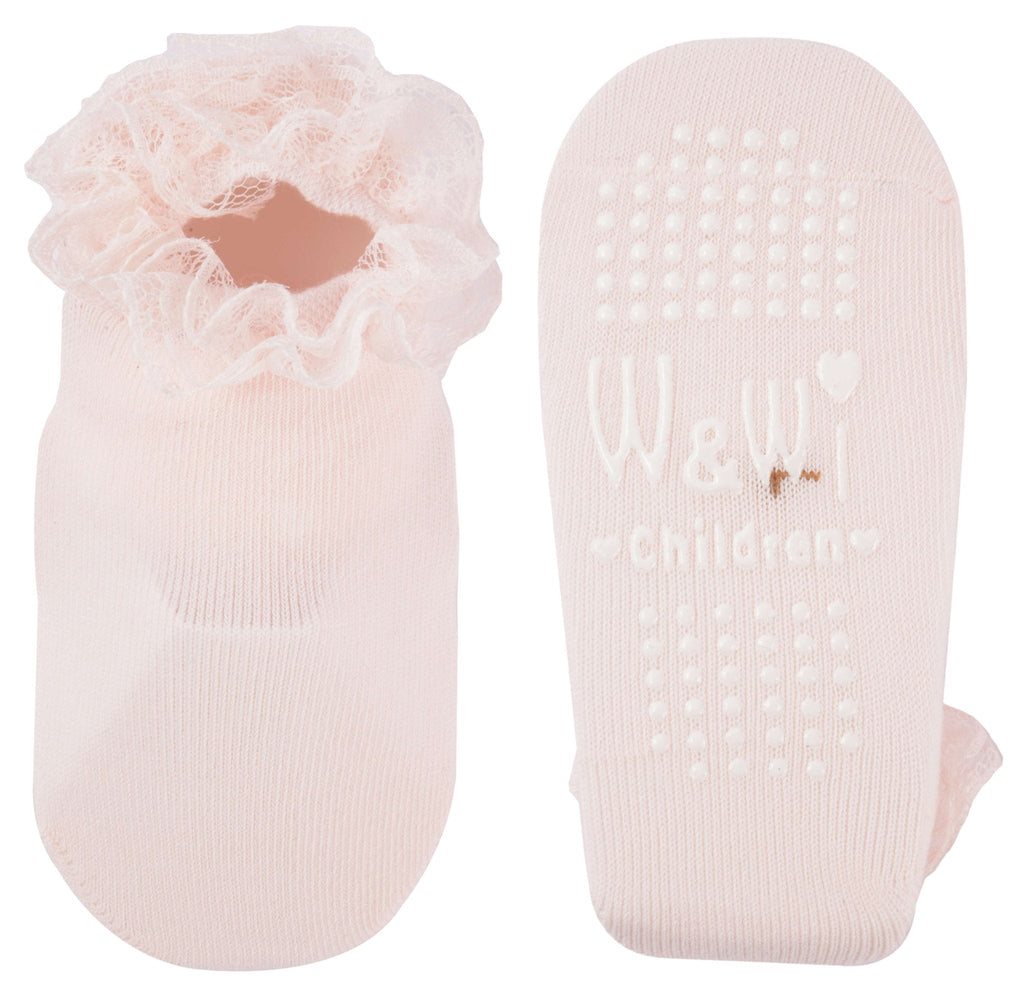 Top and Bottom View of Pink Lace Frill Socks with Non-Slip Grip and Branding Details