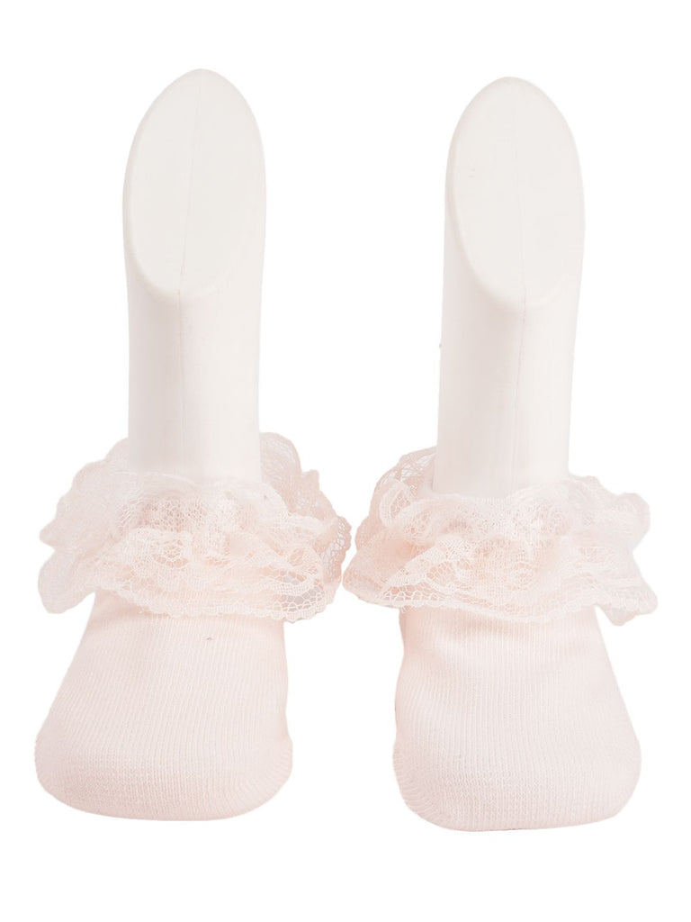 Side View of Pink Lace Frill Socks Showcasing Delicate Lace Ruffles